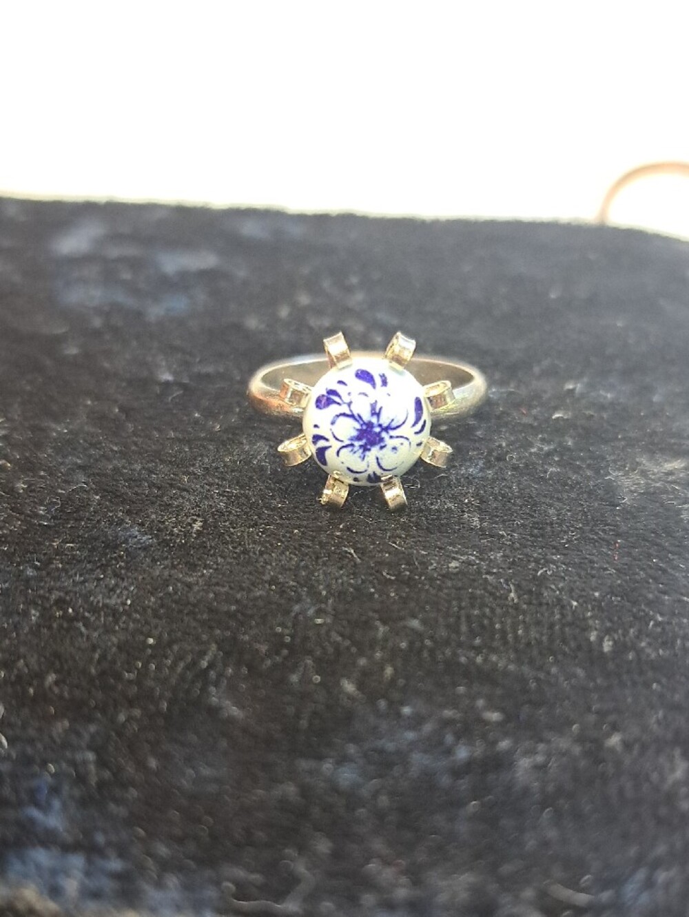 Blue and White Floral Porcelain Ring - Women's Jewelry
